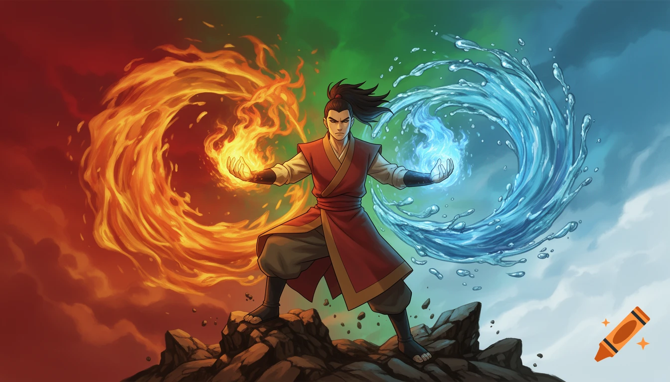 Anime-style character, resembling Zuko, stands on rocks, bending fire from one hand and water from the other against a split elemental background.