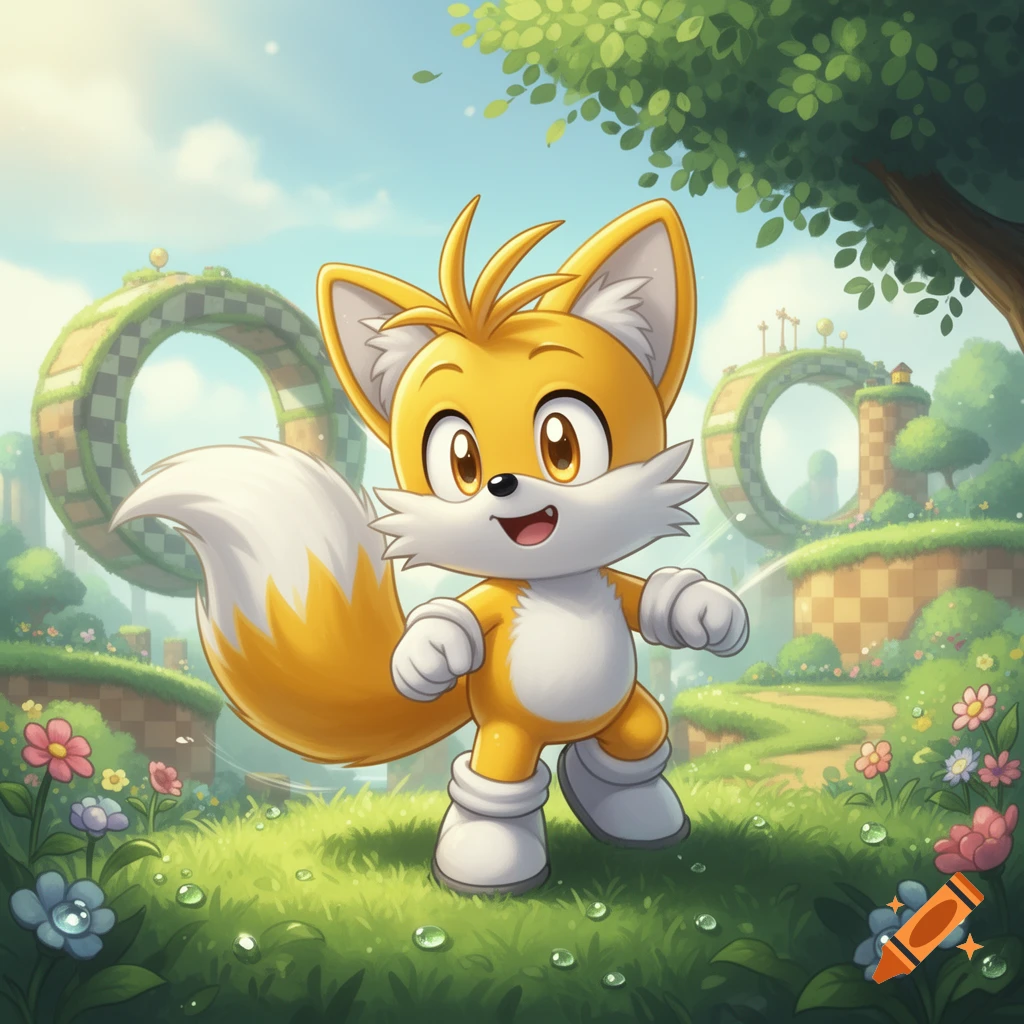 A cute, orange and white cartoon fox character, Tails from Sonic, stands in a lush green landscape with golden rings.