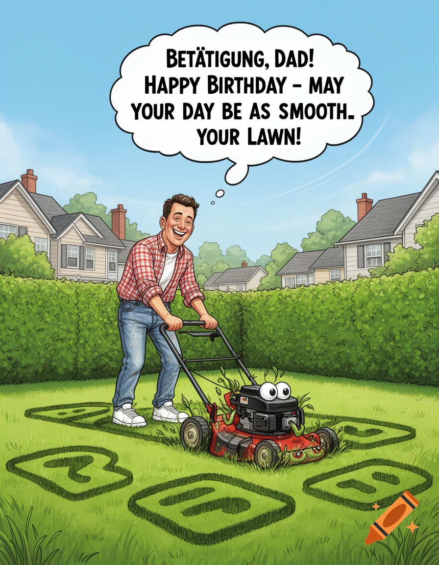 A cartoon man smiles while mowing 'B DAY' into a lawn, with a speech bubble saying a 'Happy Birthday' message.