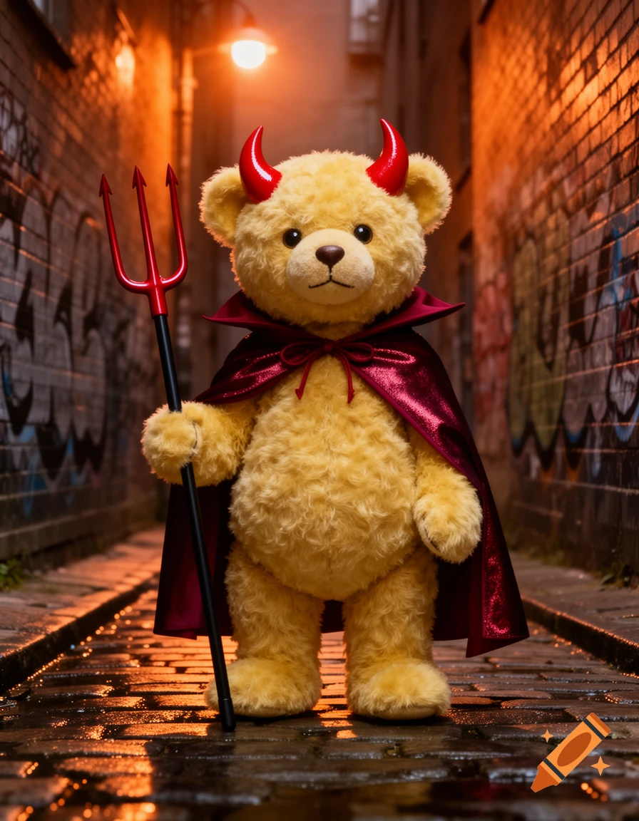 A fluffy yellow teddy bear dressed as a devil with red horns and a shiny red cape, holding a trident, stands on a wet alleyway under a glowing street lamp.