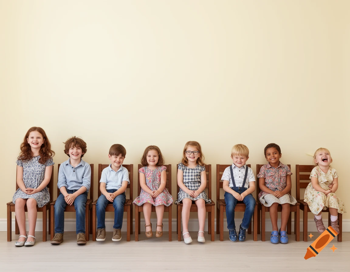 Eight smiling children of diverse ethnicities and hair colors sit side-by-side on wooden chairs against a plain background, one girl laughing.