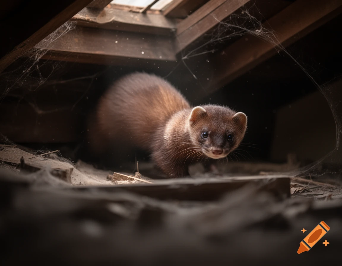 A photorealistic brown weasel peeks out from a dark, dusty attic filled with cobwebs and wooden beams.