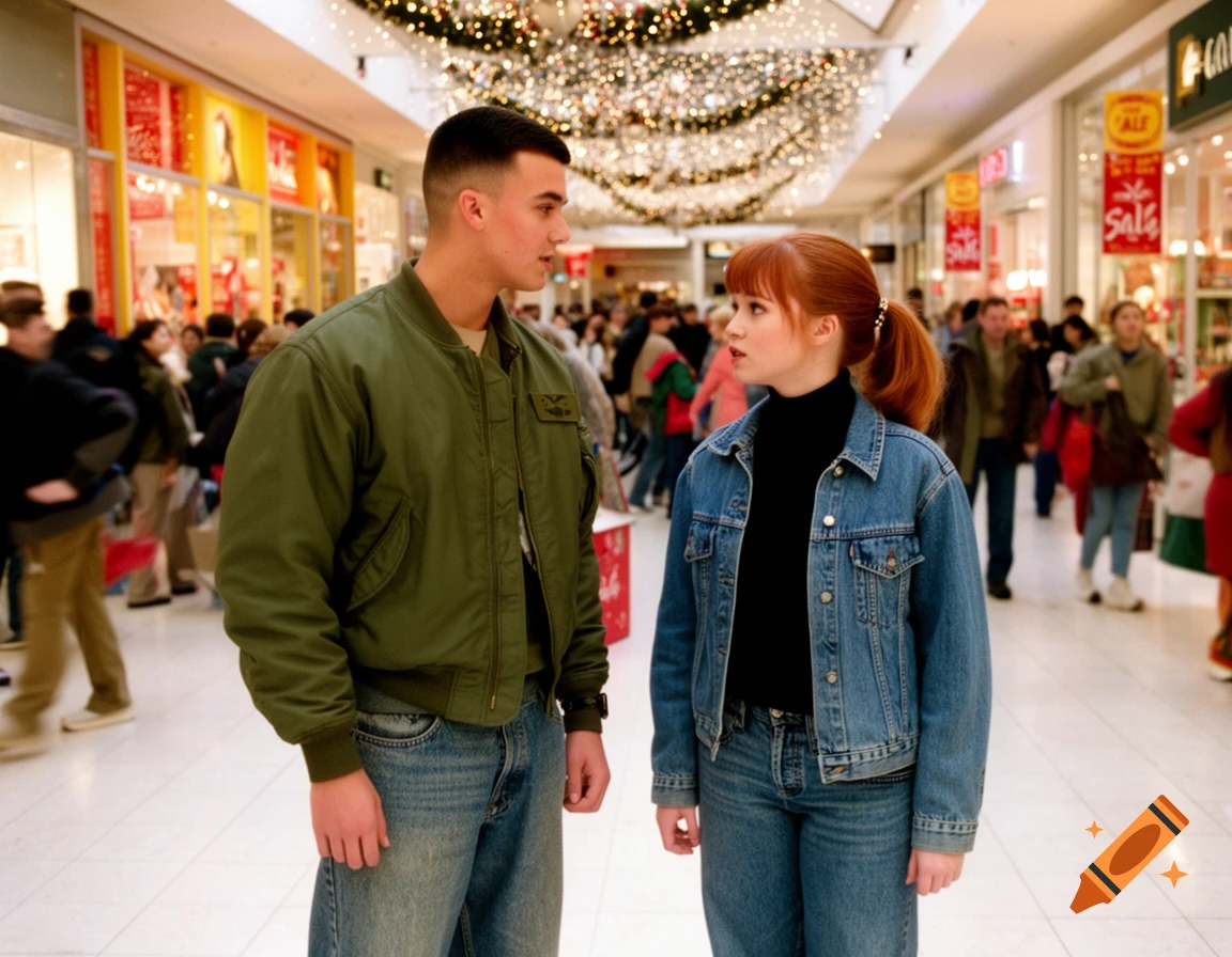 A young man in an olive green flight jacket and a young woman in a denim jacket and ponytail look at each other in a bustling, Christmas-decorated shopping mall.