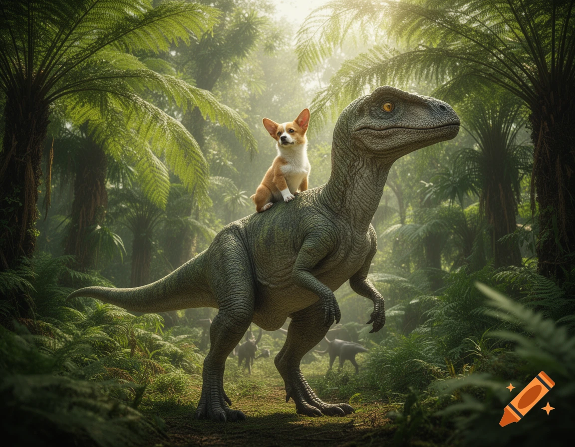 A cute Corgi dog rides on the back of a large, photorealistic dinosaur in a lush, misty jungle.