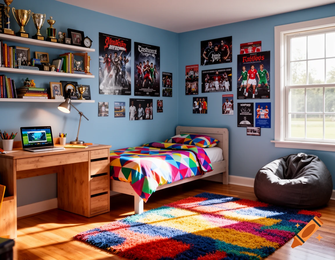 A colorful, vibrant child's bedroom with a wooden desk, a bed with a geometric quilt, a beanbag chair, and posters on blue walls.