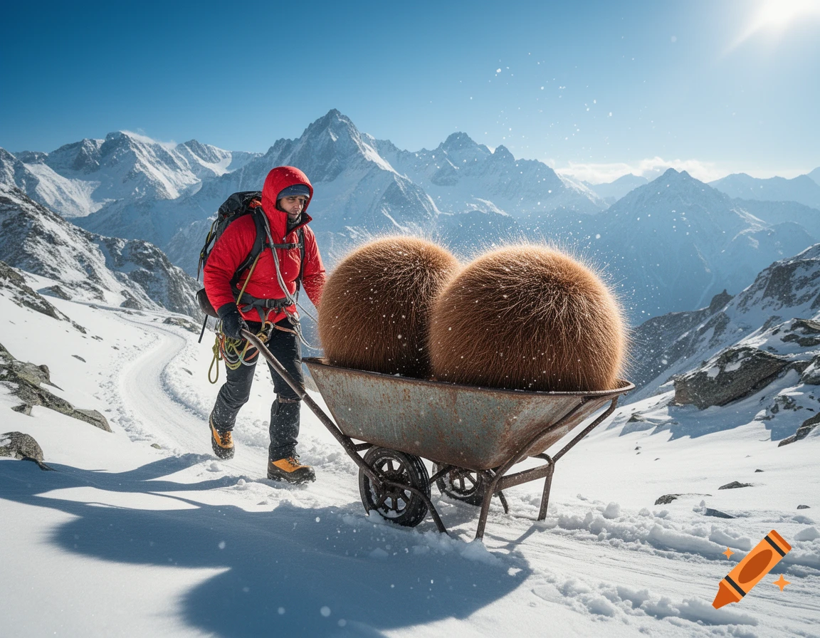 A mountaineer in red winter gear pushes a rustic wheelbarrow with two giant fuzzy brown balls along a snowy mountain trail under a clear blue sky.