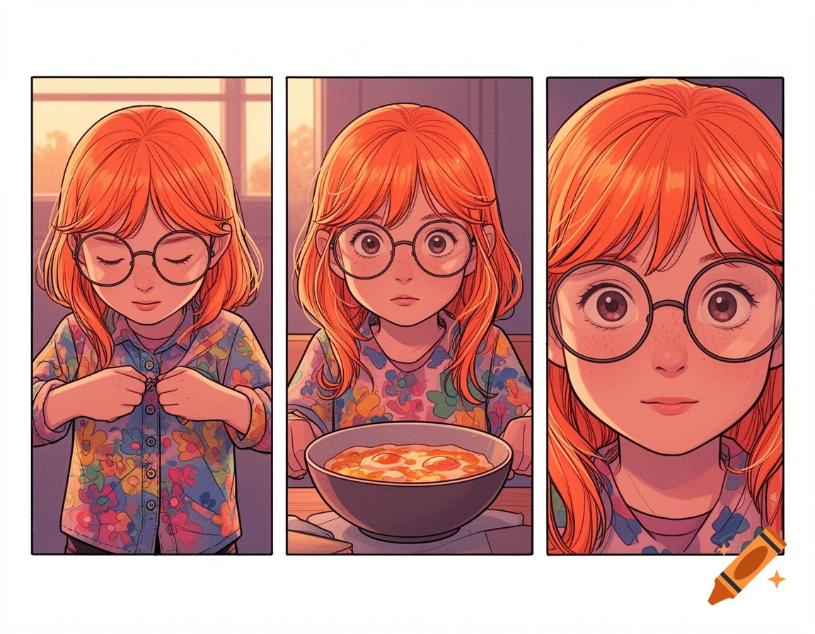 A 3-panel graphic novel shows a ginger-haired girl with round glasses buttoning a floral shirt, looking at breakfast, then a close-up of her calm face.