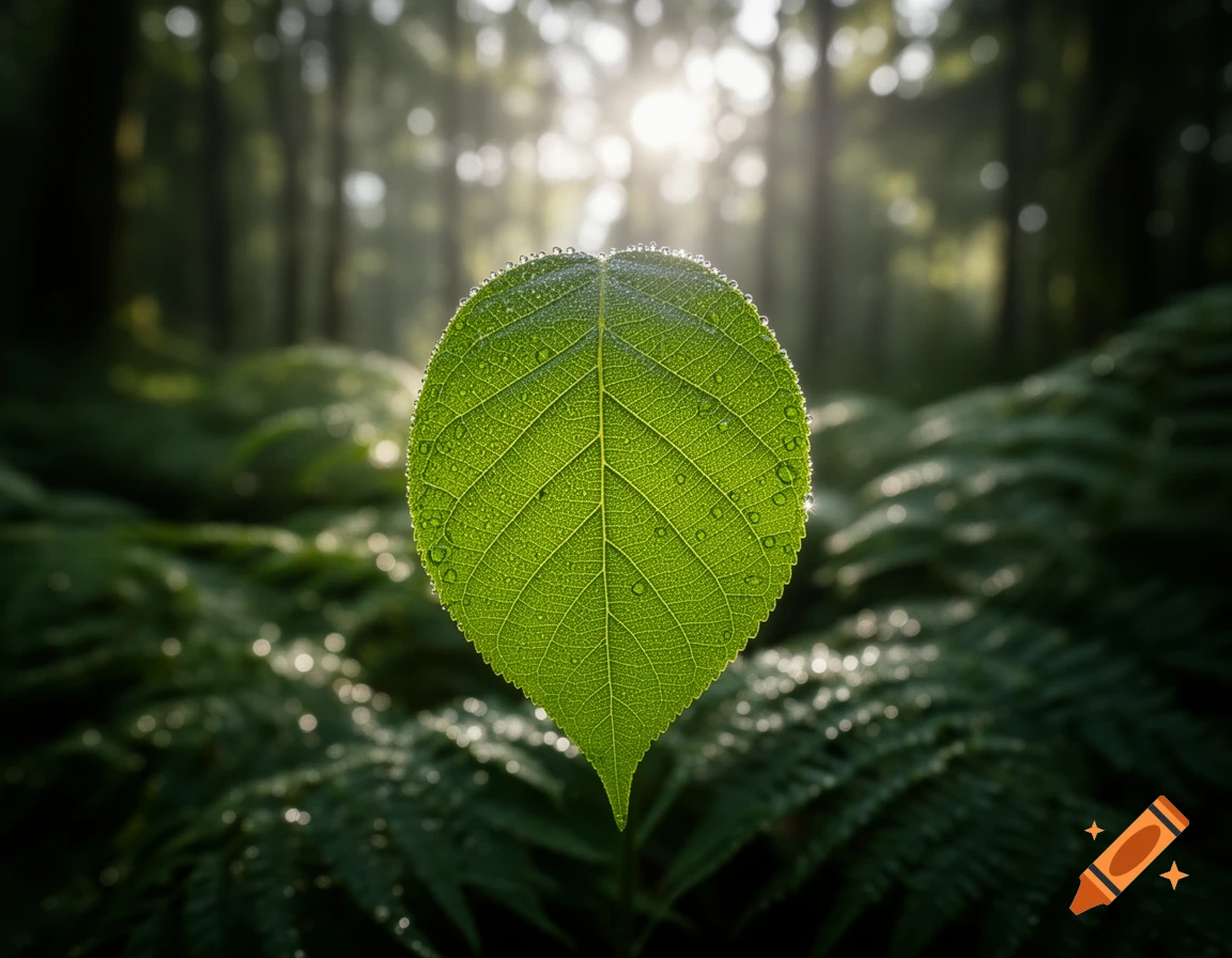 Close-up of a vibrant green leaf covered in water droplets, backlit by sunlight in a misty forest.