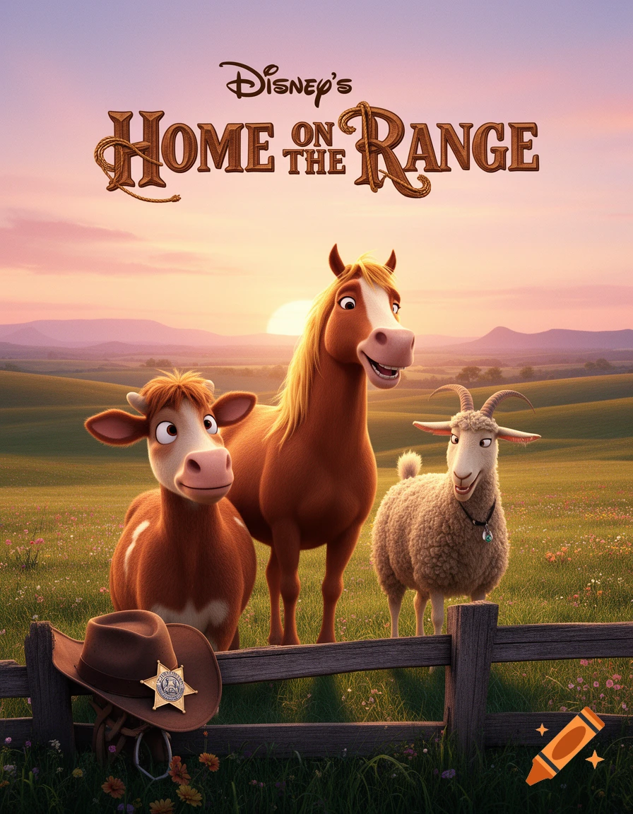 A cartoon movie poster for Disney's Home on the Range featuring a cow, horse, and goat in a field at sunset, with a sheriff's hat on a fence.