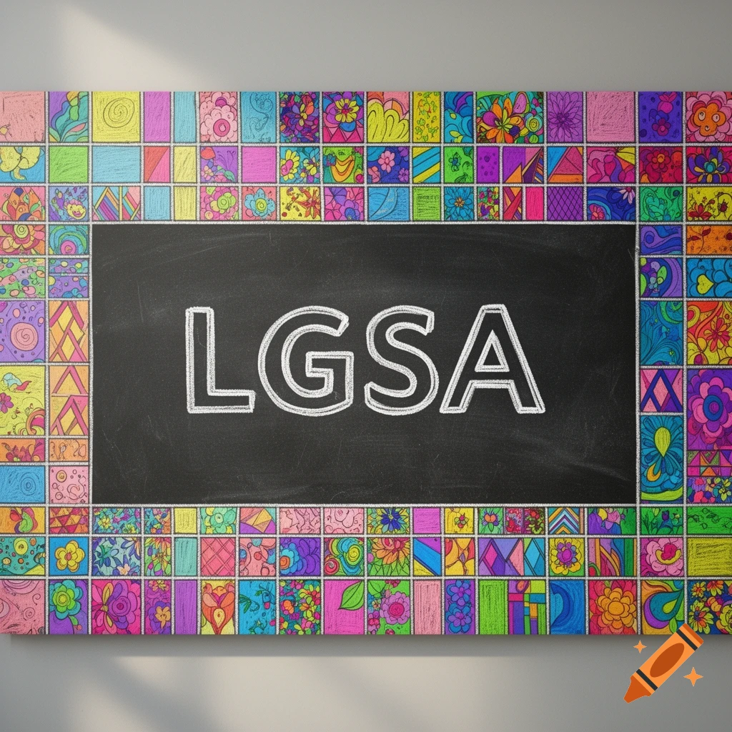 A black chalkboard with "LGSA" in white chalk, framed by a colorful border of small squares with diverse patterns and colors.
