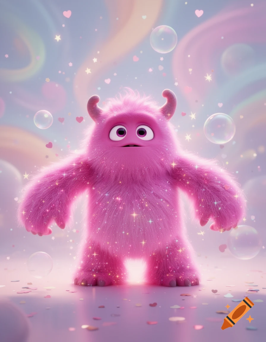 A fluffy pink monster with horns and big eyes stands amidst sparkling light, hearts, and bubbles in a pastel, dreamy setting.