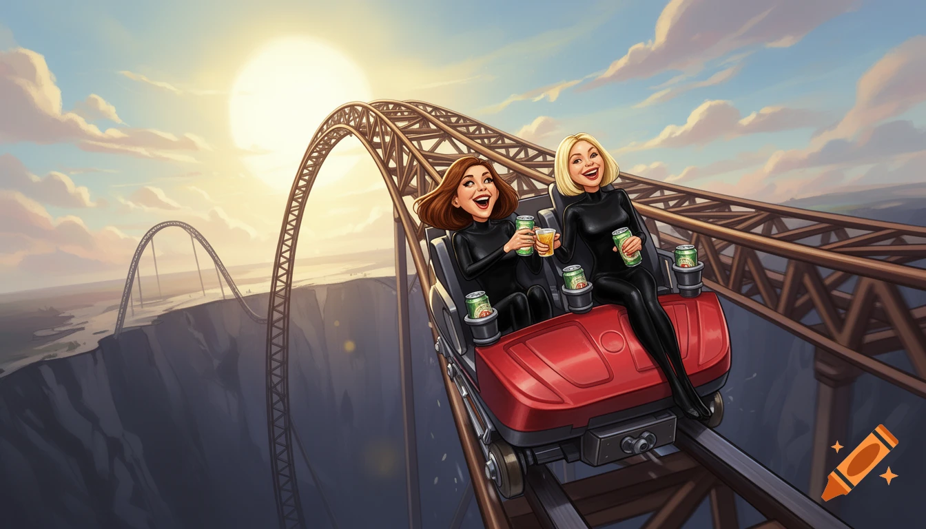 Two smiling women in black jumpsuits ride a rollercoaster into a sunset, holding green beer cans in a cartoon style.
