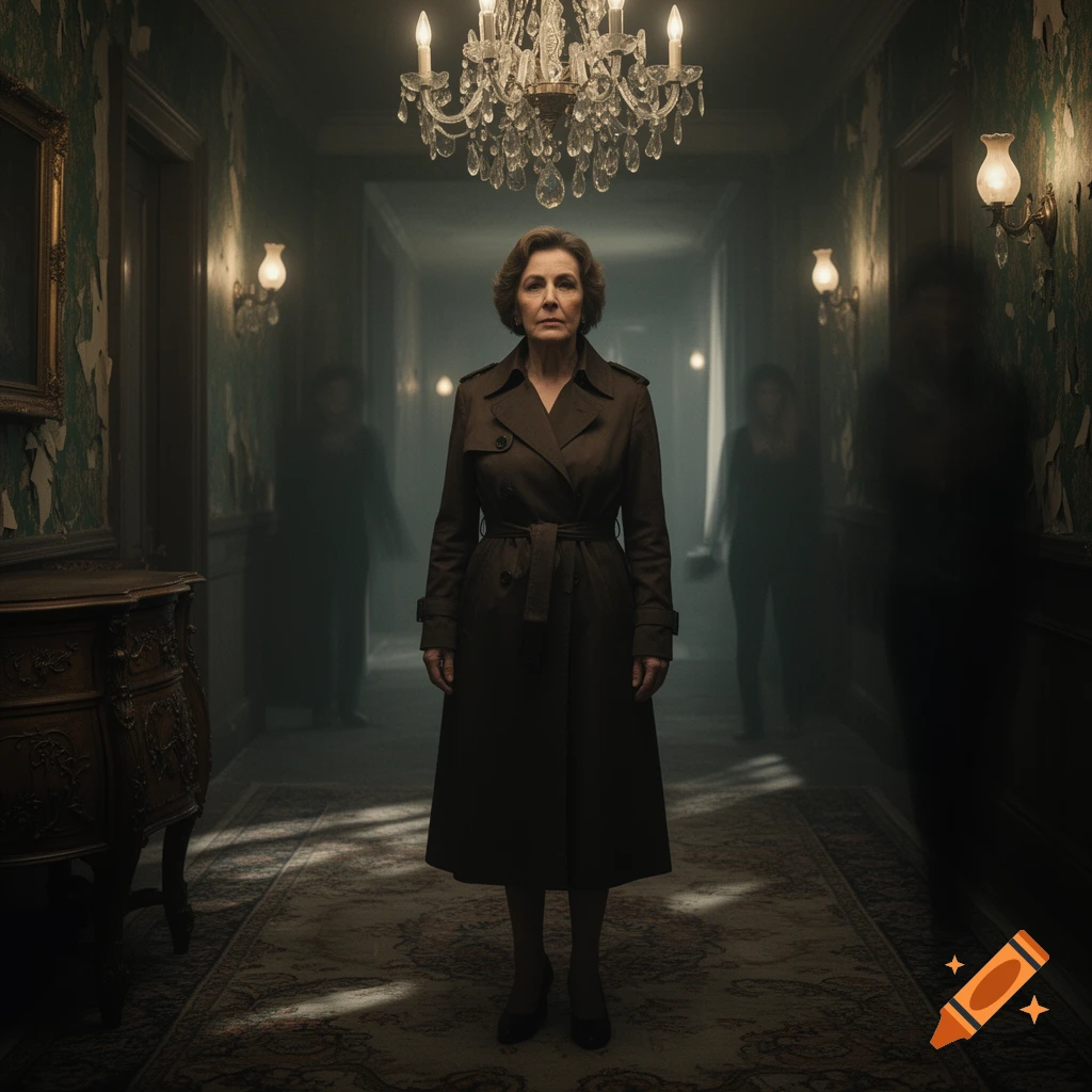 A woman in a dark trench coat stands in a dimly lit, eerie hotel hallway with peeling wallpaper, a chandelier, and blurred ghostly figures.