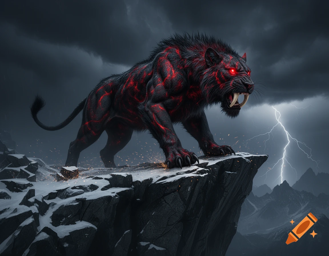 A fierce black sabertooth tiger with glowing red eyes and fiery patterns stands on a snowy cliff during a lightning storm.