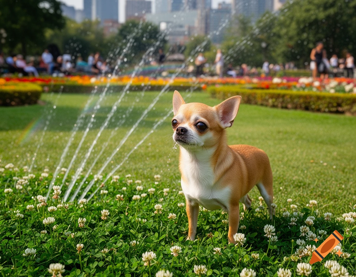 A small, tan and white chihuahua stands in a grassy park filled with white clover flowers, looking up as sprinklers spray water.