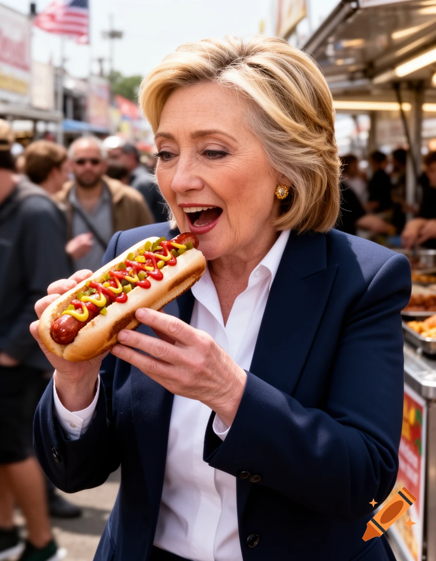 Hillary Clinton eagerly bites a hot dog loaded with ketchup, mustard, and relish at a sunny outdoor event.