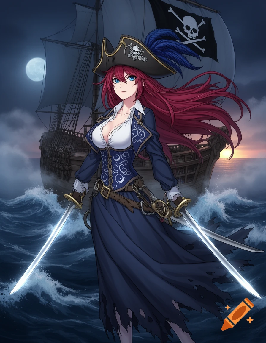 Anime female pirate with red hair, blue eyes, pirate hat, and blue outfit, holding two glowing swords on stormy seas with a ship.