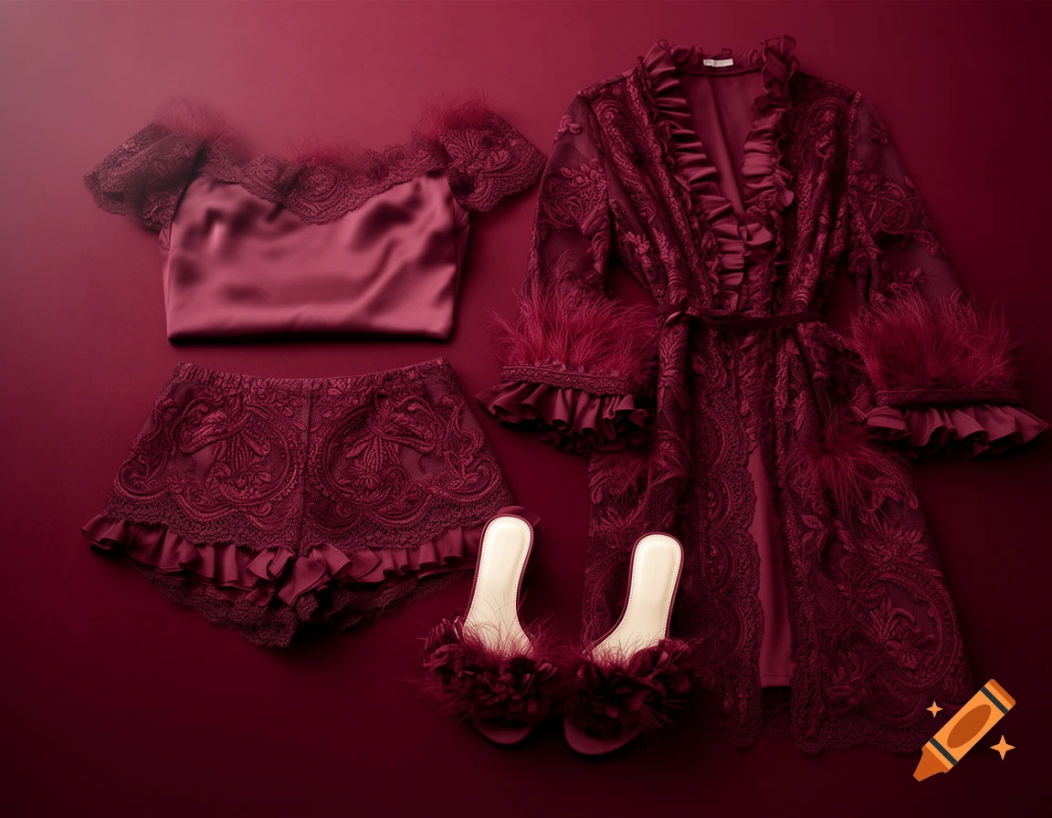 Elegant dark ruby red lingerie set including a silk top, lace shorts, a matching feathered robe, and feathered high-heel slippers.