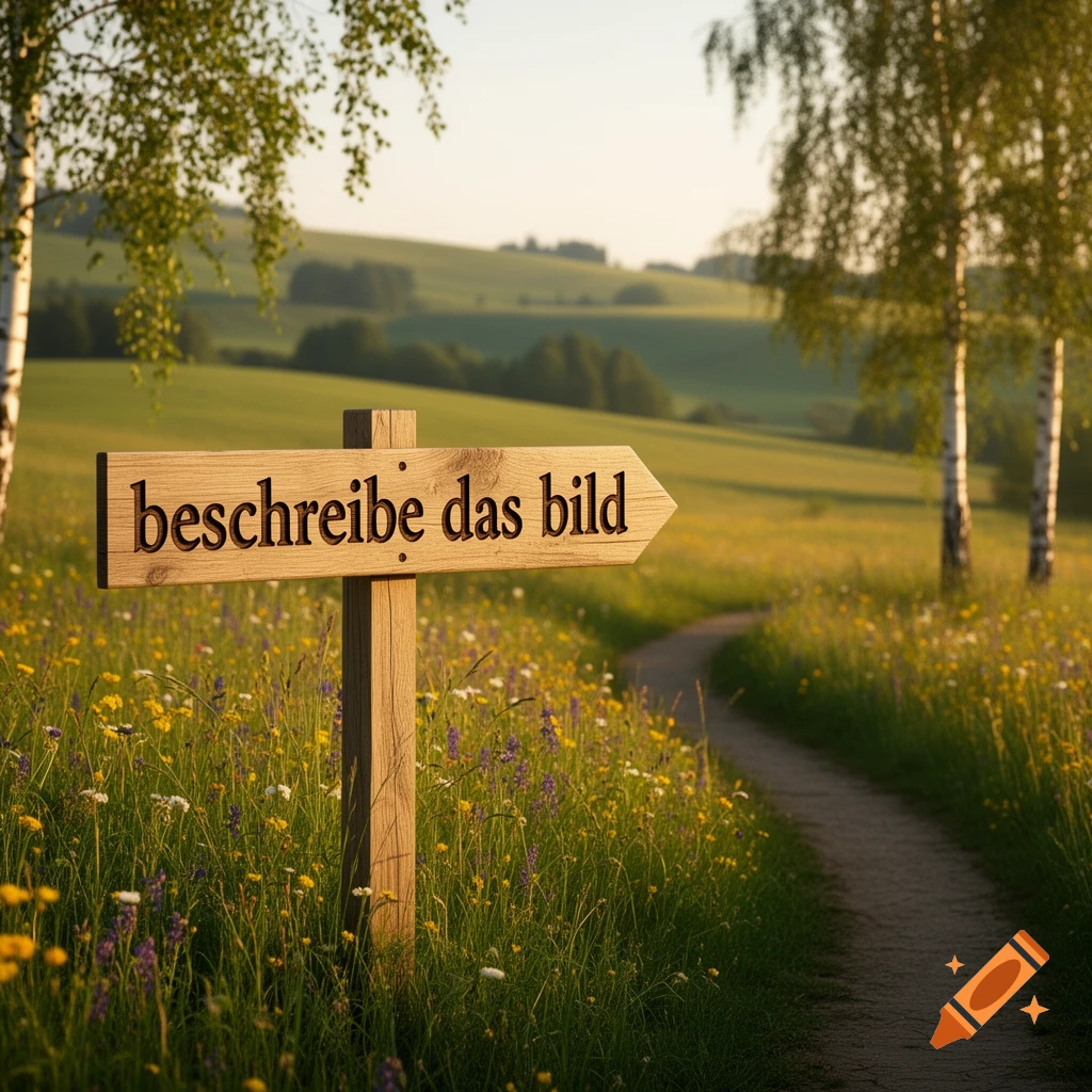 A wooden sign pointing right with 'beschreibe das bild' on it, amidst a grassy field with wildflowers and a winding path.