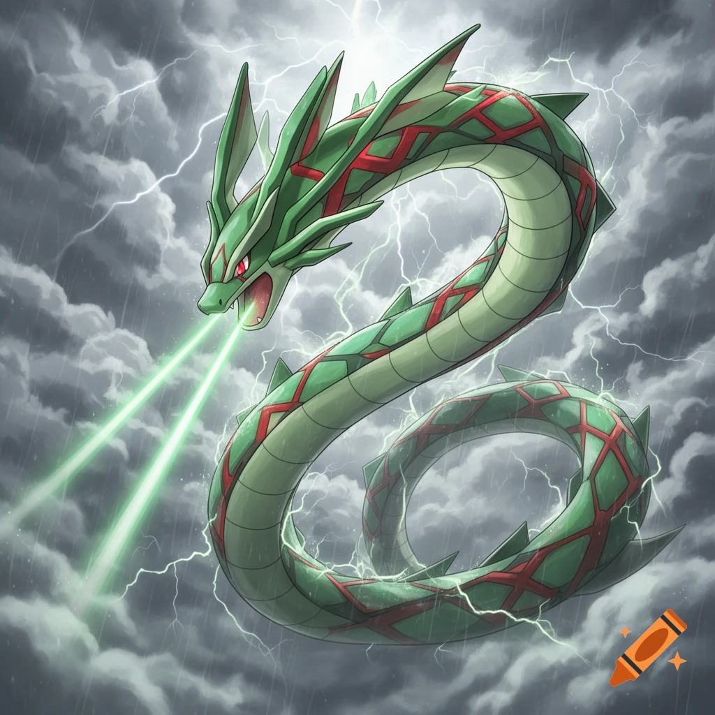 A green serpentine dragon, Rayquaza, with red markings, fires two green energy beams from its mouth in a stormy, lightning-filled sky.
