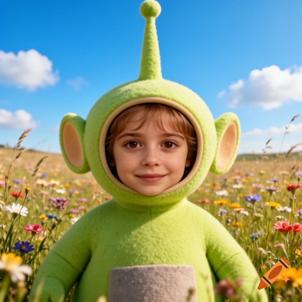 A young child's face peers from a light green Teletubby costume in a sunny field of colorful wildflowers.