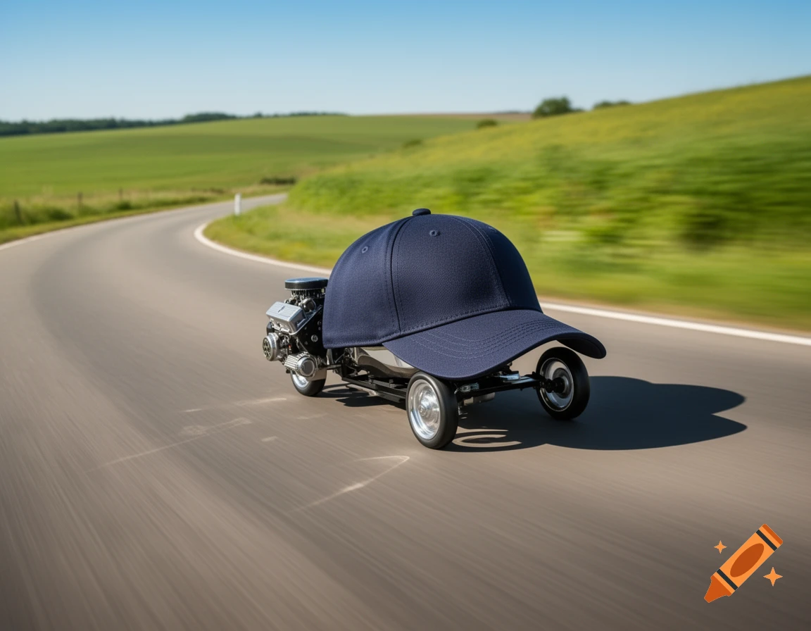 A dark blue baseball cap with an engine and wheels drives at speed on a winding road through green fields.