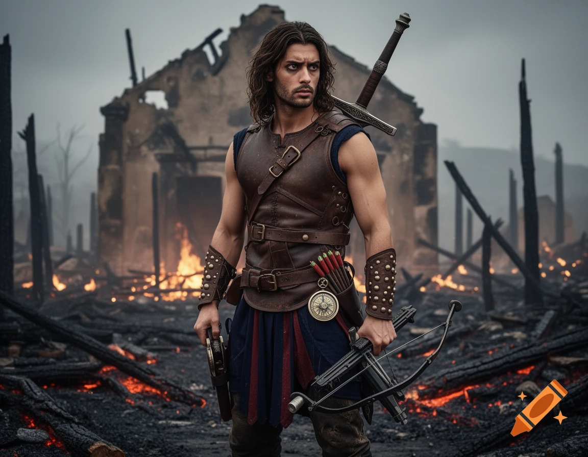 Photorealistic image of a male warrior with long dark hair, clad in leather armor, holding a crossbow and sword, standing in a burned-down monastery with glowing embers.