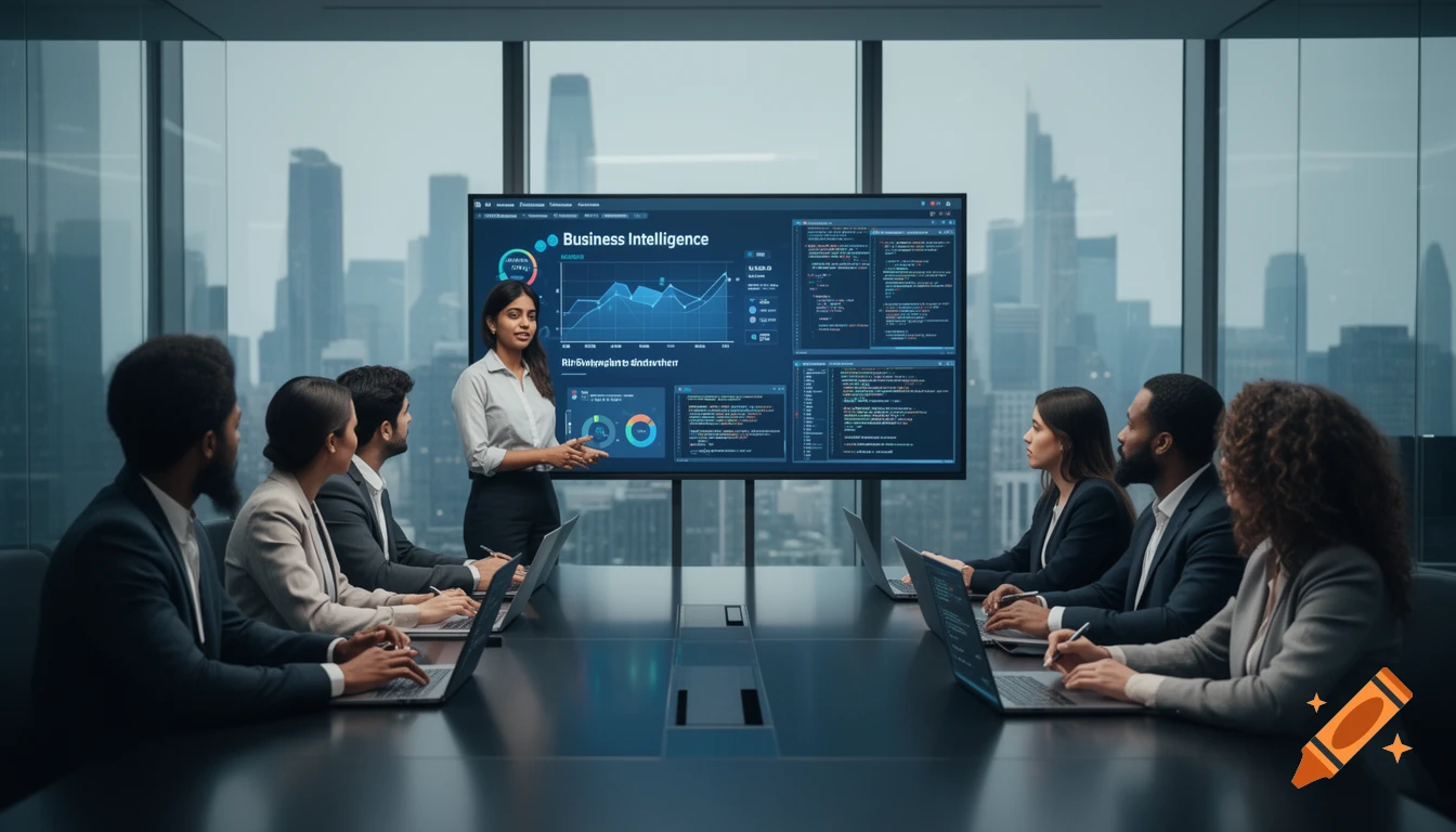 A diverse group of professionals attend a business meeting, where a woman presents data and code on a large screen in a modern conference room with a city view.