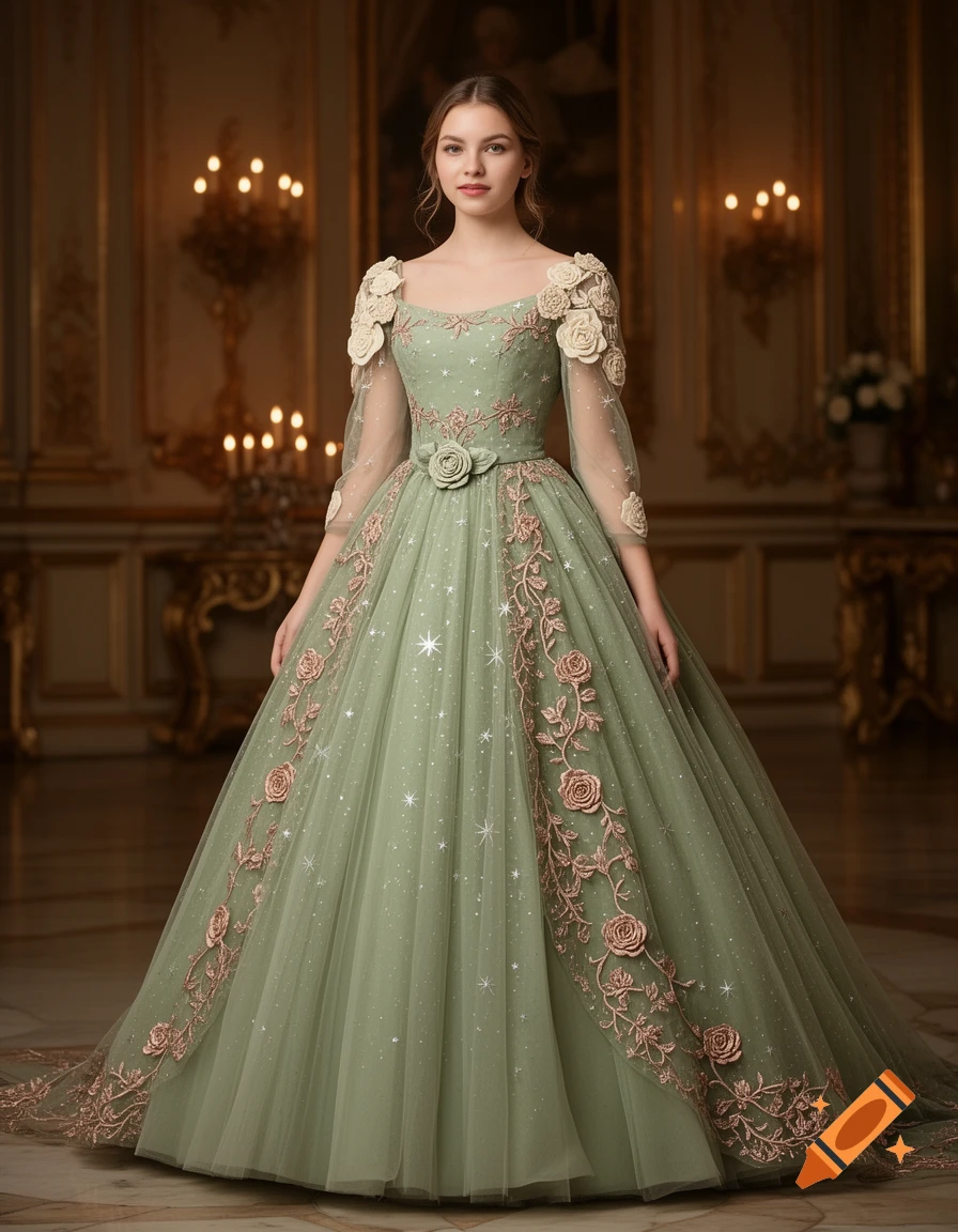 Young woman in a sage green ball gown with rose gold embroidery and subtle sparkles, standing in a grand ballroom.
