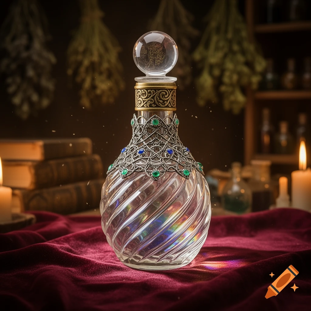 An ornate, spiraling glass potion bottle with intricate silver filigree and blue and green gems, resting on a red velvet cloth.