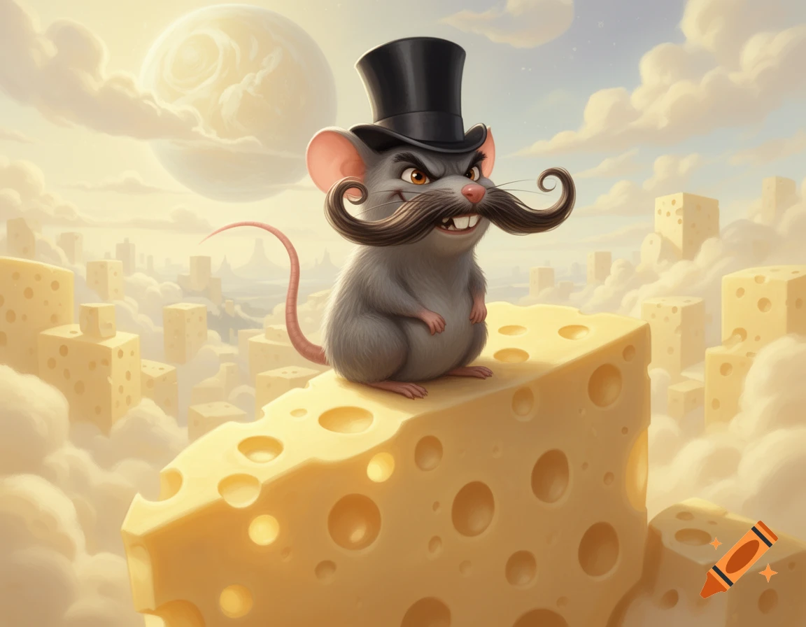 A comically evil cartoon mouse with a waxed mustache and top hat sits on a giant piece of Swiss cheese in a cloudy sky with cheese buildings.