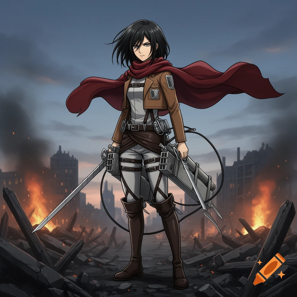 Anime illustration of Mikasa Ackerman from Attack on Titan, standing with blades in a destroyed, burning city.