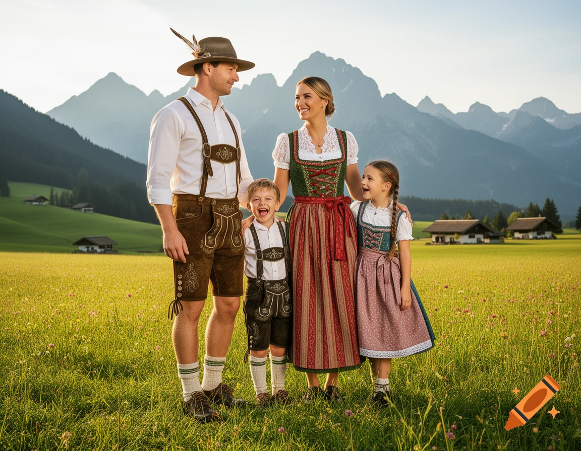 A smiling family in traditional lederhosen and dirndls stands in a sunny mountain meadow with houses and mountains in the background.