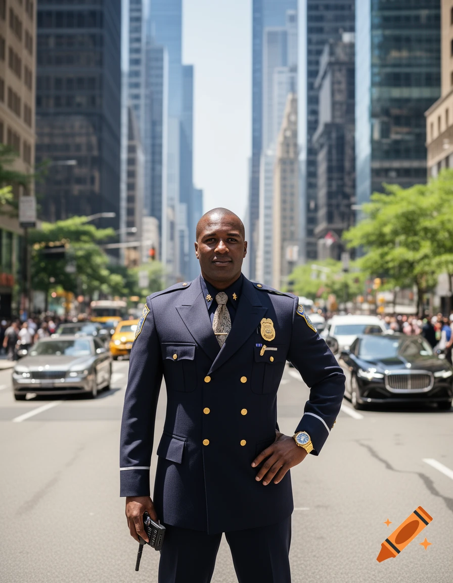 Photorealistic image of a male police officer in uniform standing in a bustling city street with skyscrapers and cars.