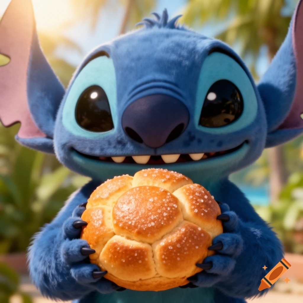 Stitch, the blue alien character, smiles while holding a sugar-coated concha bread in a tropical setting.