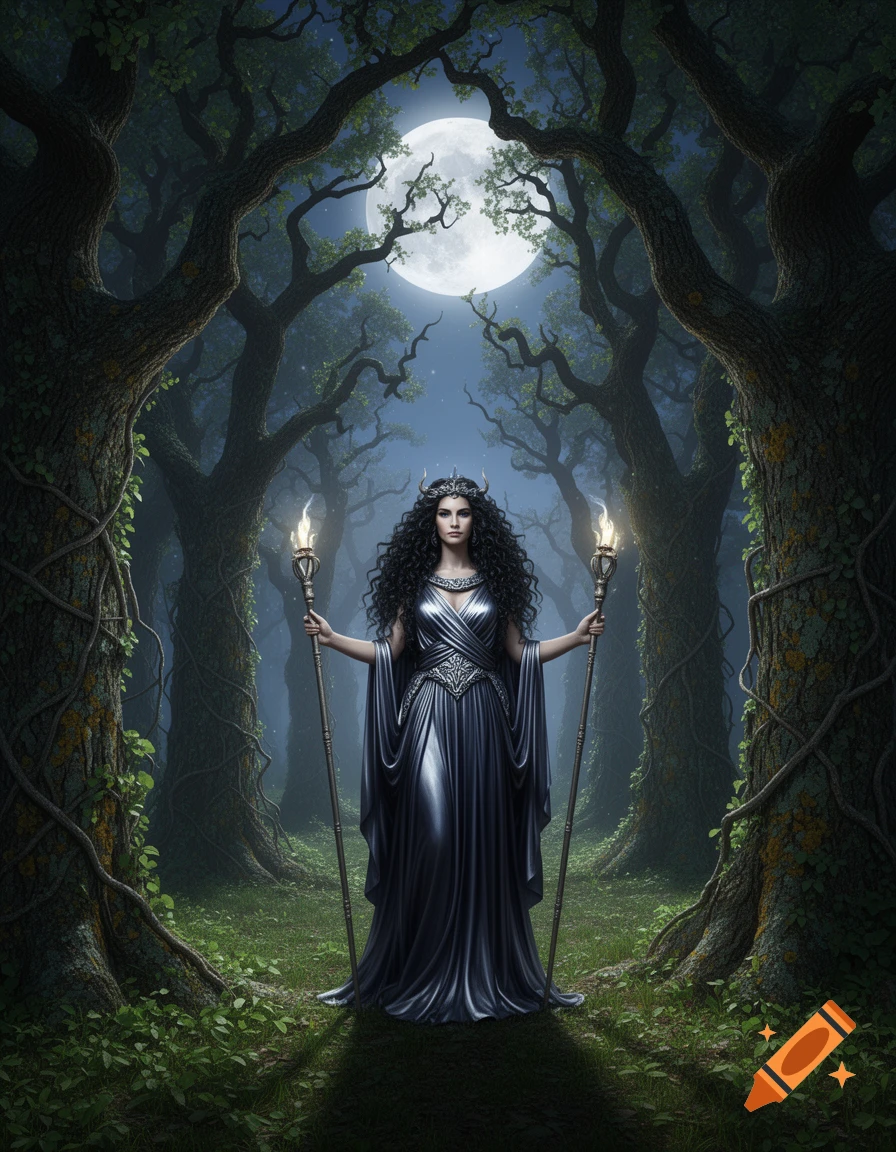 A goddess with long dark hair in a flowing silver dress stands in a mystical forest under a full moon, holding two glowing staffs.