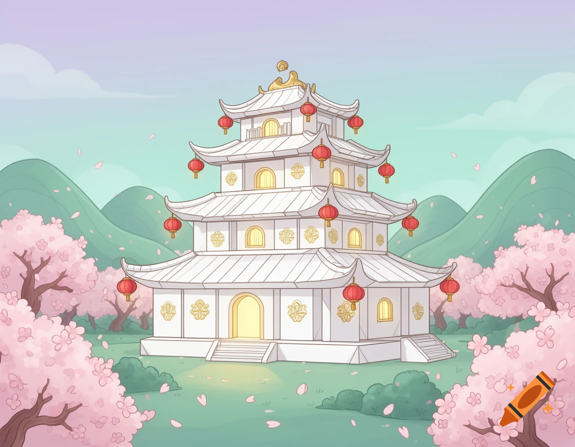 A cartoon white tiered Asian palace with red lanterns, surrounded by pink cherry blossom trees and green mountains under a light blue sky.