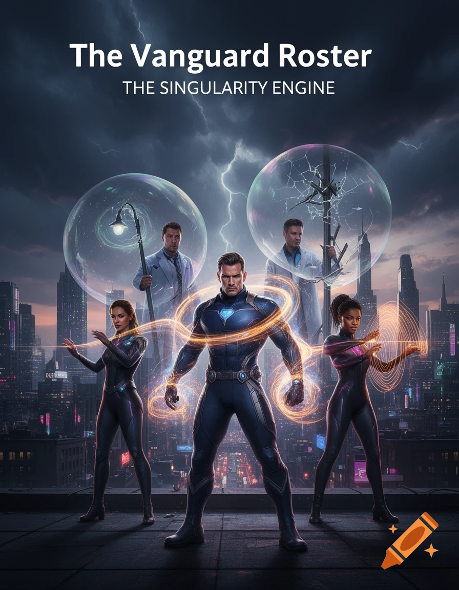 Five superheroes, three in suits and two in lab coats, stand on a rooftop overlooking a futuristic city under a stormy, lightning-filled sky. Energy glows around the characters.