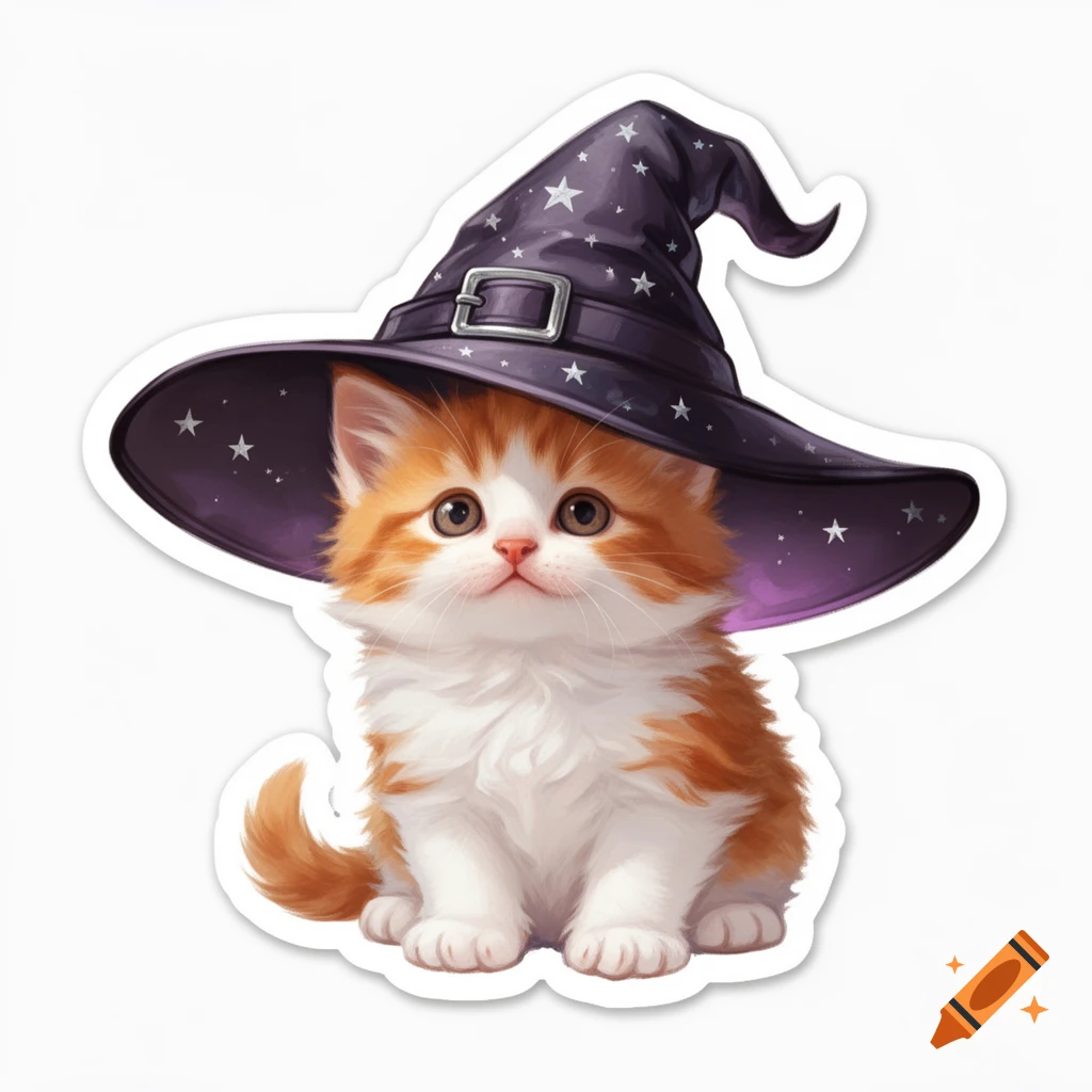 A cute orange and white fluffy kitten wearing a dark purple witch hat with white stars, depicted as a sticker.
