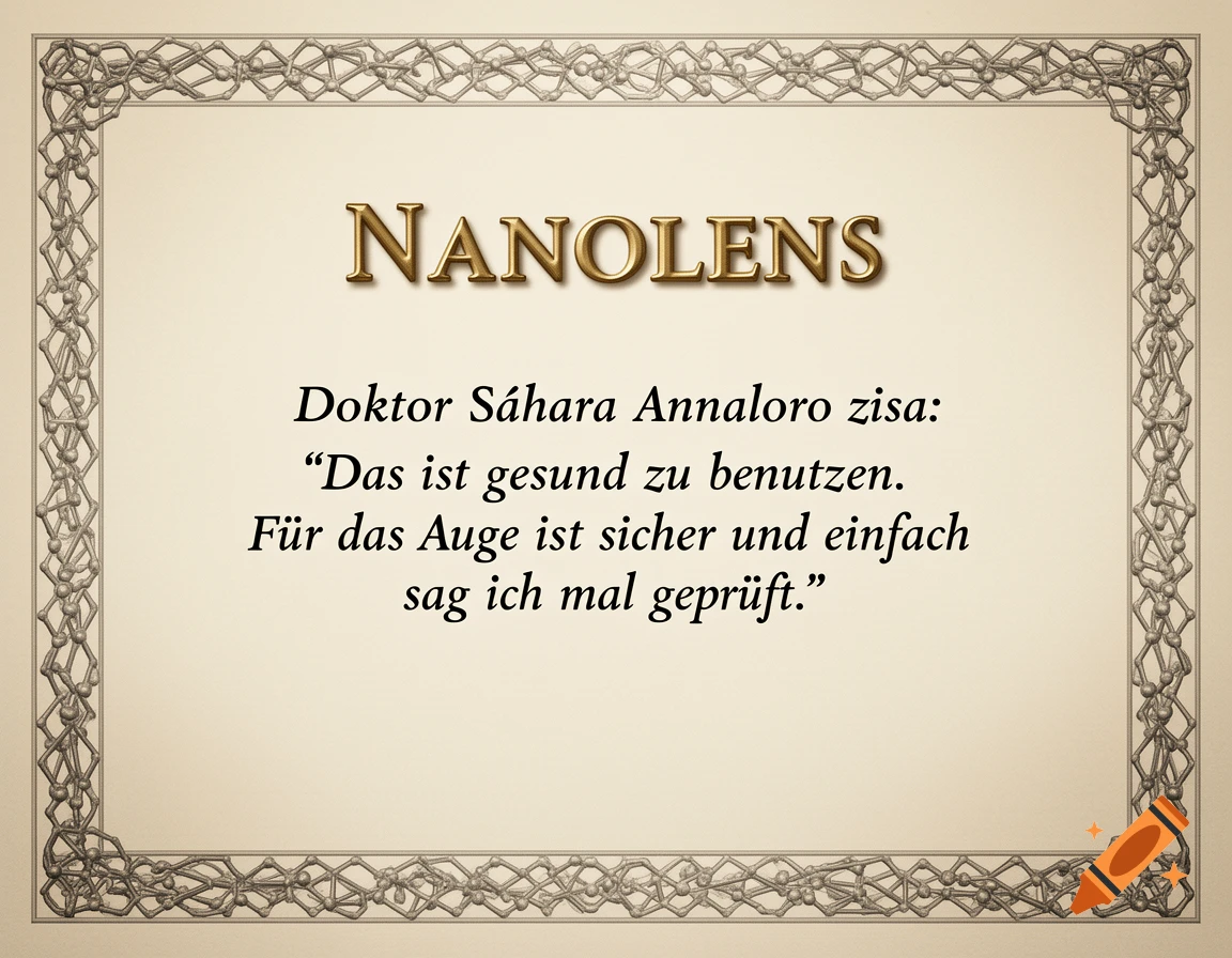 A formal certificate with an ornate metallic border surrounding gold 'NANOLENS' text and black German paragraphs.
