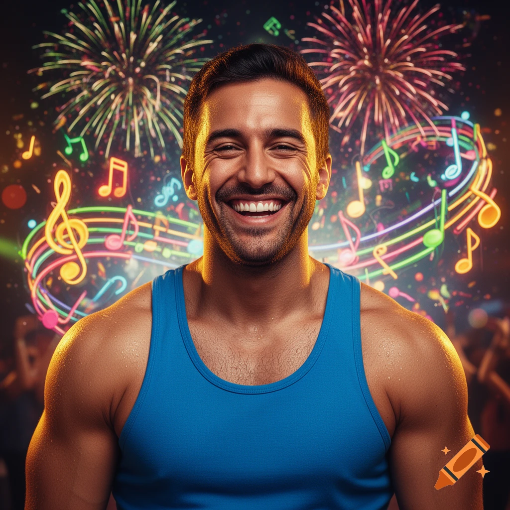 A smiling man in a blue tank top stands against a dark background with colorful fireworks and glowing musical notes.