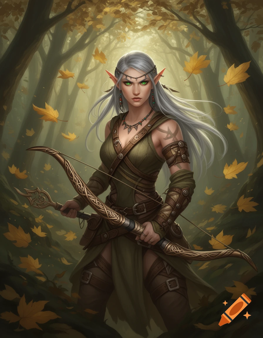A she-elf warrior with silver hair and green eyes, holding a bow in an autumn forest.