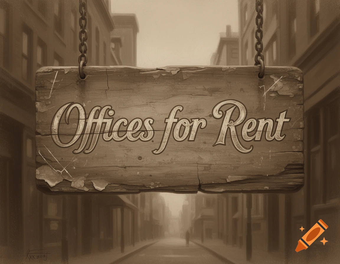 A sepia-toned, worn wooden sign hanging by chains, reading "Offices for Rent," with a blurry vintage city street in the background.