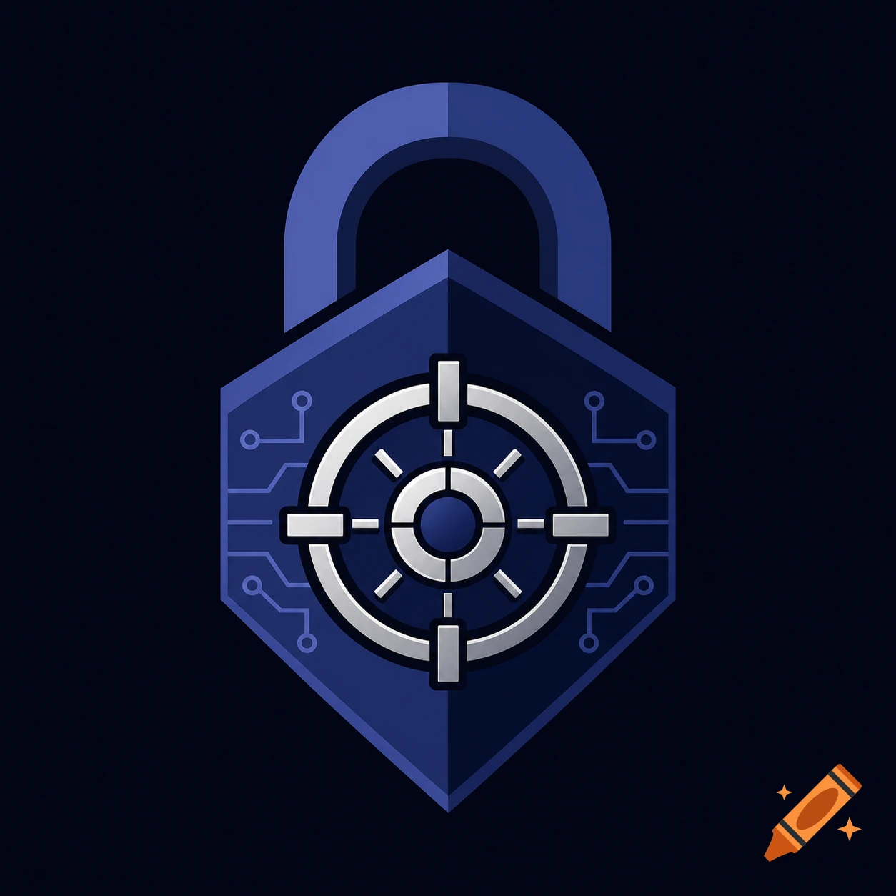 A flat vector logo of a blue geometric padlock with a silver vault dial and circuit patterns.