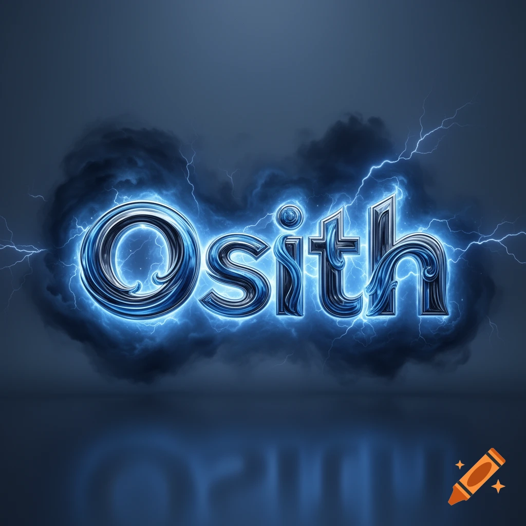 Stylized metallic blue text "Osith" with a glowing lightning and smoke aura, reflected on a dark surface.