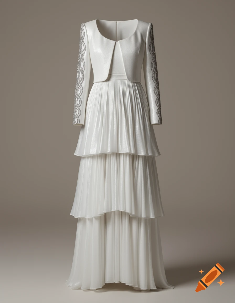 White shimmering gala dress with tiered skirt and long-sleeved jacket with silver braided embellishments.