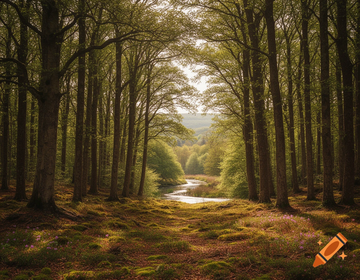 Photorealistic image of a lush, verdant forest with a winding river reflecting light, leading into the distance.