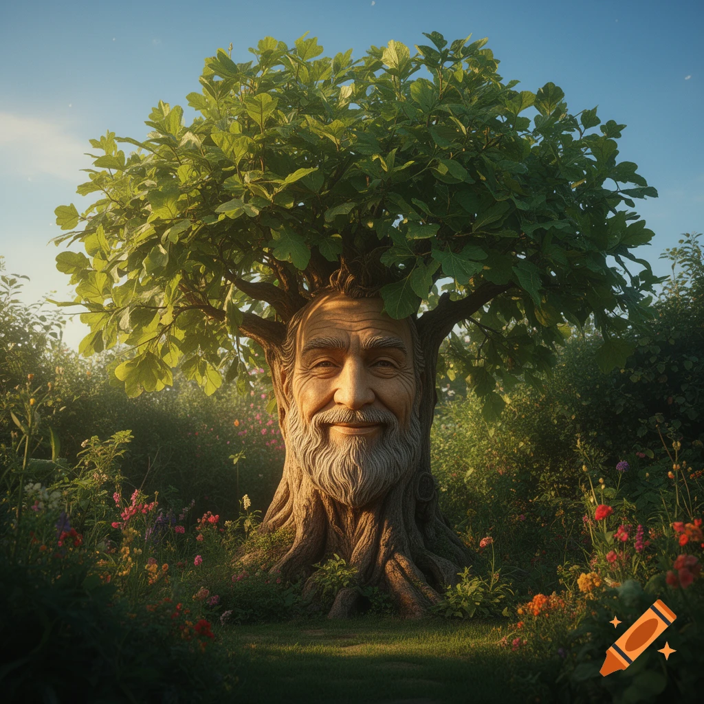 A large, smiling old man's face is carved into the trunk of a leafy green tree, surrounded by colorful wildflowers in a sunny, lush forest.