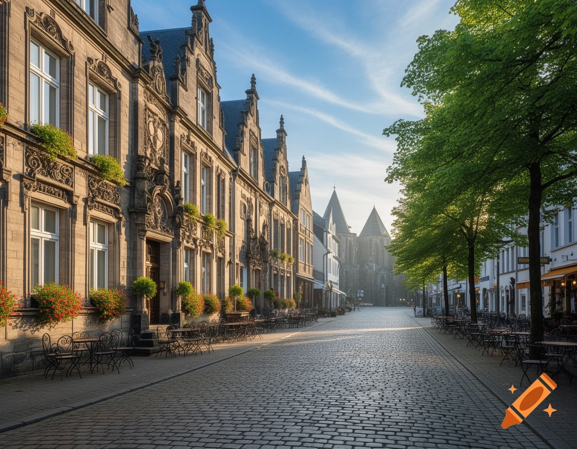 A charming street with ornate historic buildings, outdoor cafe tables, cobblestones, and trees, leading towards a large church under a blue sky.