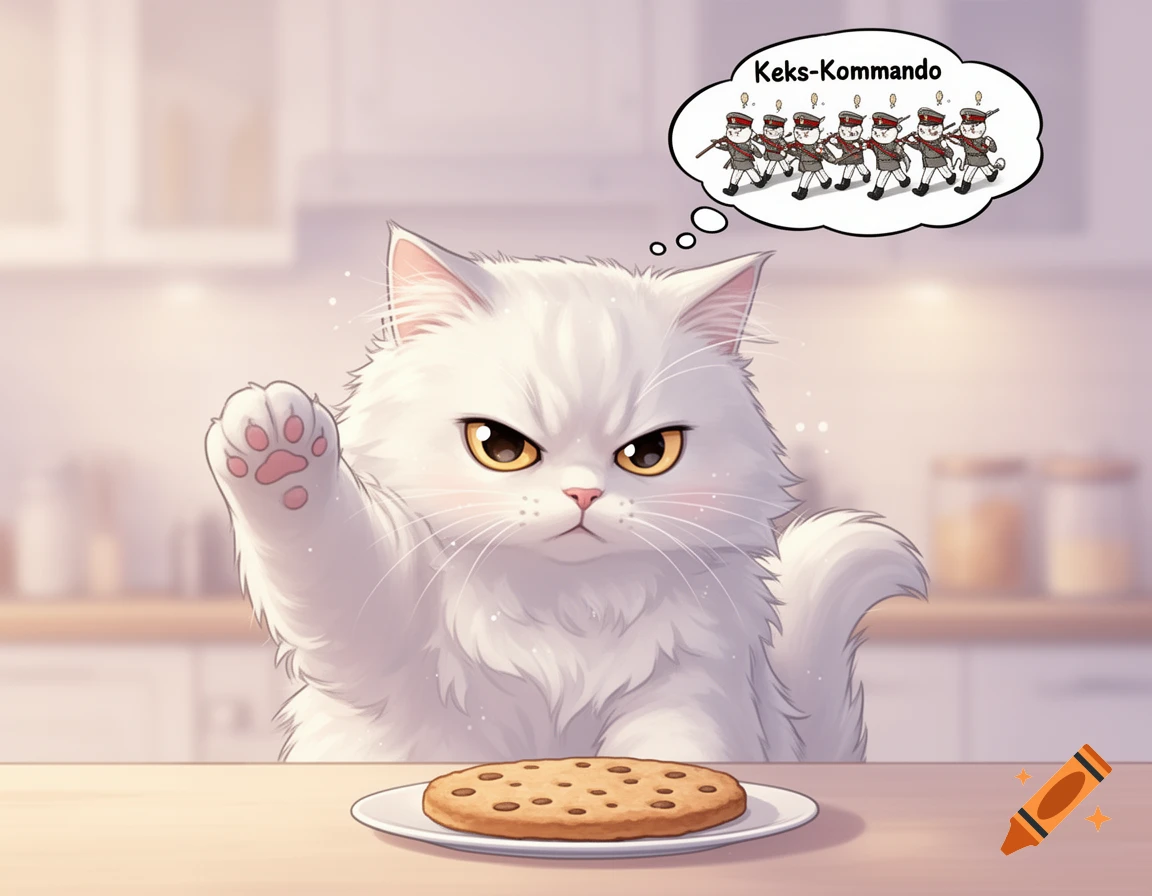 An angry, fluffy white cat raises a paw over a cookie, dreaming of 'Keks-Kommando' cat soldiers marching, in kawaii manga style.